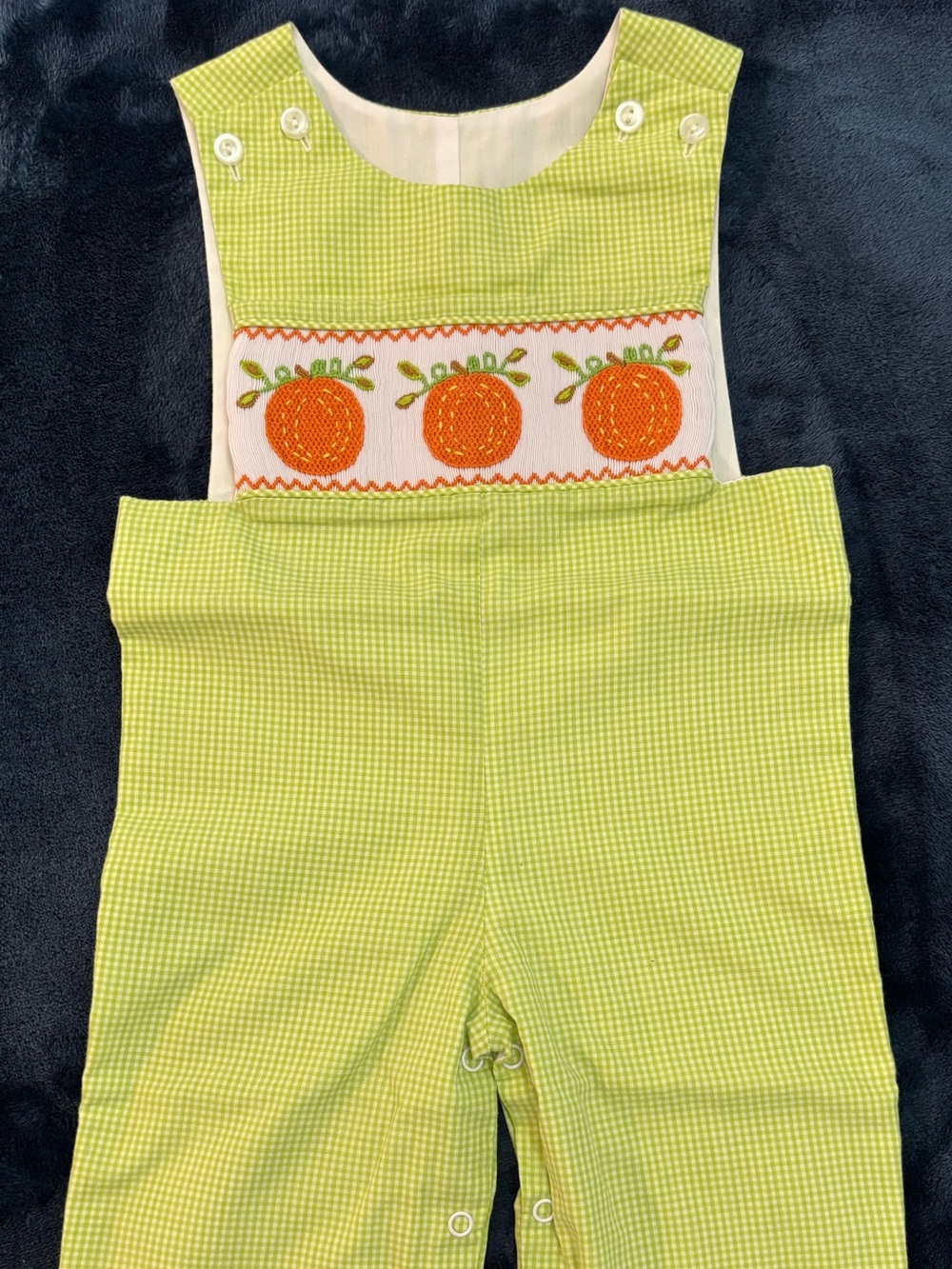 Green Gingham Kids Romper with Orange Pumpkin Smocking